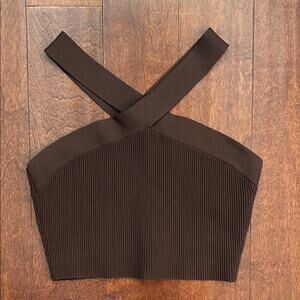 Babaton Dark Chocolate Brown Cross-Strap Crop Knit Top, Size Large